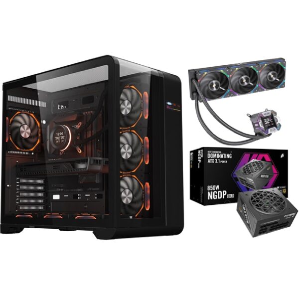 Pachet promo: 1stPLAYER® Carcasa Gaming RT7-FC-bk, afisaj digital, 4 ventilatoare aRGB infinity efect, telecomanda, ATX, Cooler Procesor X-Starship 360E-bk, display IPS de 2,4 inches, aRGB, Sursa PC 850W, 80 PLUS® Gold, Full Modular, ATX 3.1, PCIe 5.1, MES ID, NGDP HA-850BA4-Bk, negru